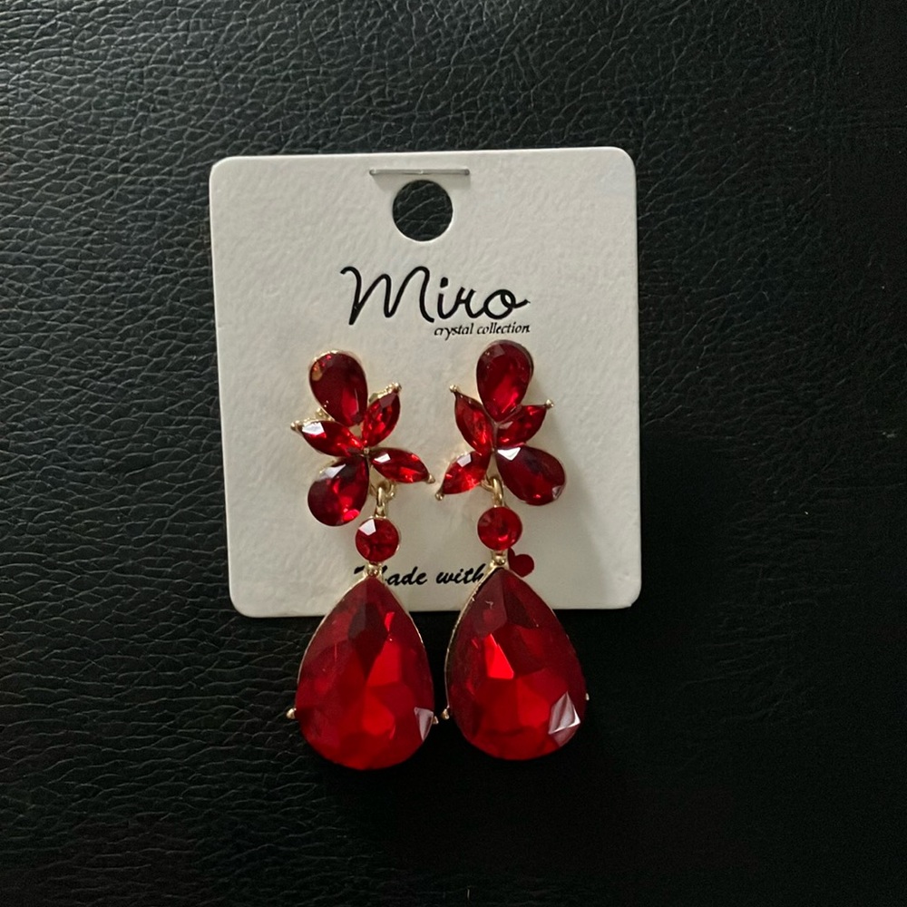 MIRO Red Floral Drop Earrings with Teardrop Crystals